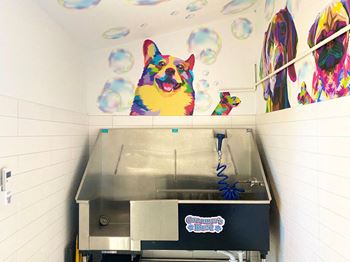 A large painting of a dog on the wall above a hot dog